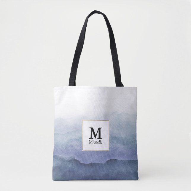 Blue Watercolor Waves Monogram Tote Bag (Front)