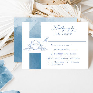 Blue Watercolor Wedding Classic Monogram RSVP Card