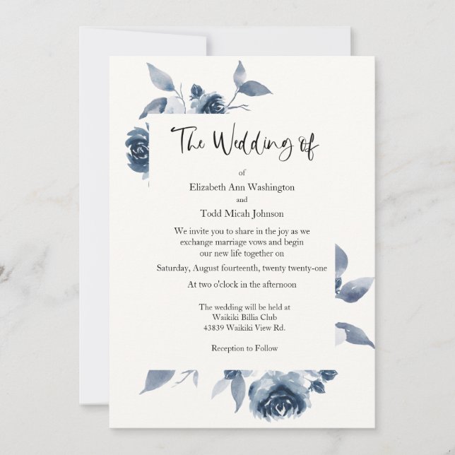 Blue Watercolor Wedding Invitation No Photo (Front)