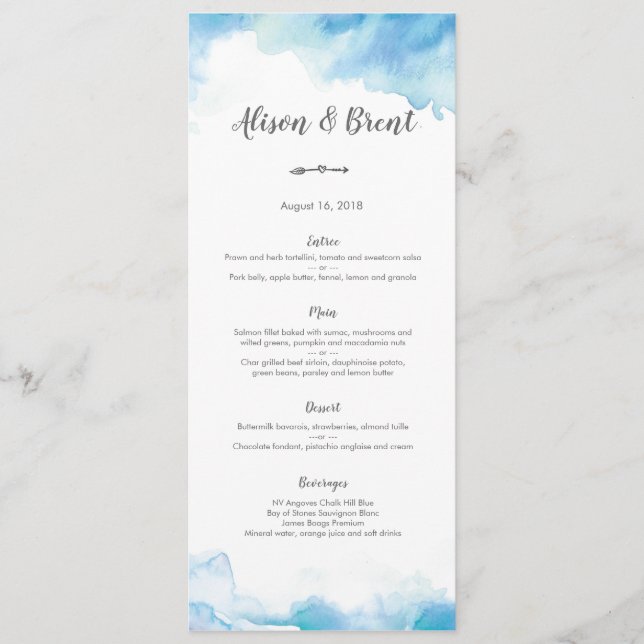 Blue watercolor Wedding Menu or Program Card (Front)