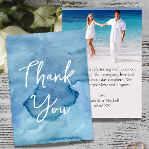 Blue Watercolor Wedding Photo Thank You Card