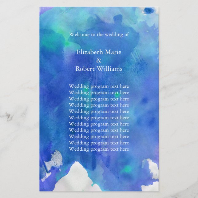Blue Watercolor Wedding Program (Front)