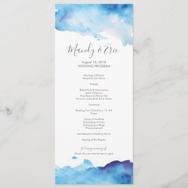 Blue Watercolor Wedding Program Card (Front)
