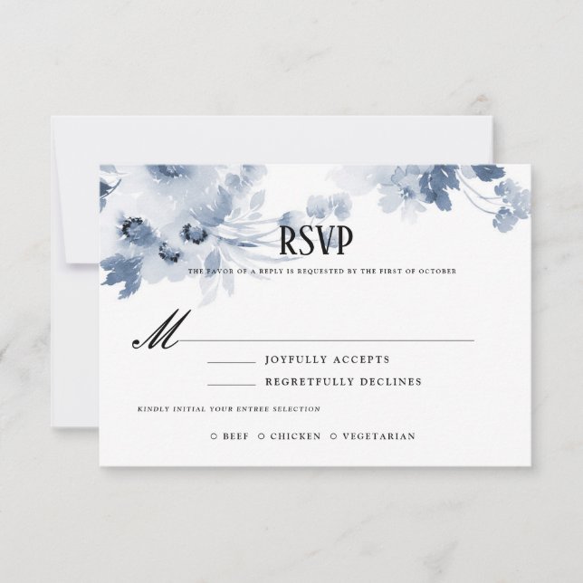 Blue Watercolor Wedding RSVP with Meal Selection (Front)