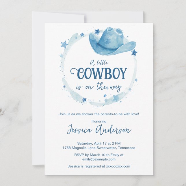 Blue Watercolor Western Cowboy Hat Baby Shower  Invitation (Front)