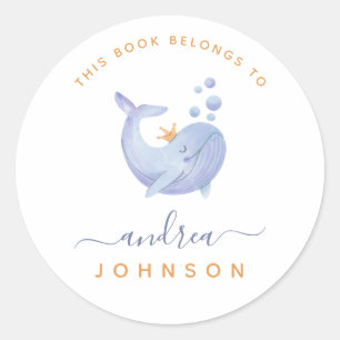 Blue Watercolor Whale Nautical Ocean Kid Bookplate Classic Round Sticker