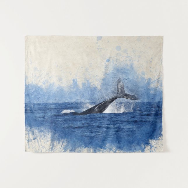 Blue Watercolor Whale Tapestry (Front (Horizontal))