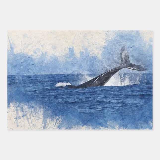 Blue Watercolor Whale Wrapping Paper Sheet (Front)