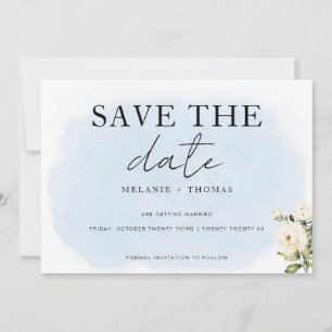 Blue Watercolor White Rose Save The Date Card