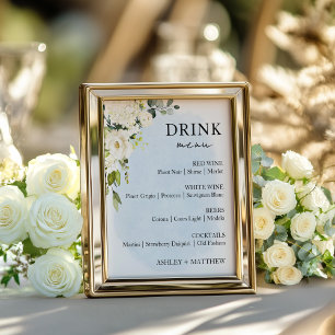 Blue Watercolor White Rose Wedding Drink Menu Sign