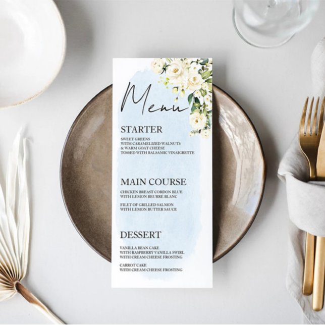 Blue Watercolor White Rose Wedding Menu Place Card (Creator Uploaded)