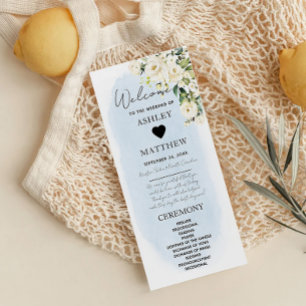 Blue Watercolor White Rose Wedding Program