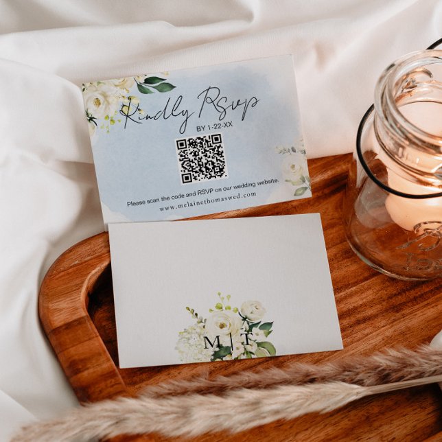  Blue Watercolor White Rose Wedding RSVP Card (Creator Uploaded)