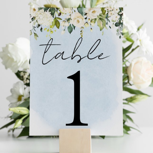 Blue Watercolor White Rose Wedding Table Number (Creator Uploaded)