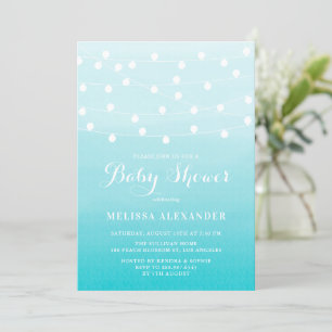 Blue Watercolor White String Lights Baby Shower Invitation