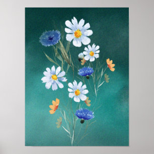 Blue watercolor wild flower wall art poster