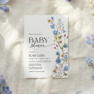 Blue Watercolor Wildflower Baby Shower Invitation
