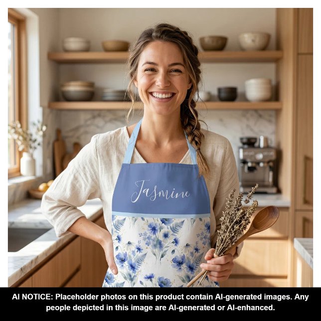 Blue Watercolor Wildflower Boho Custom Name Apron (Creator Uploaded)