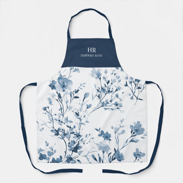 Blue Watercolor Wildflower Classic Name Monogram Apron (Front)