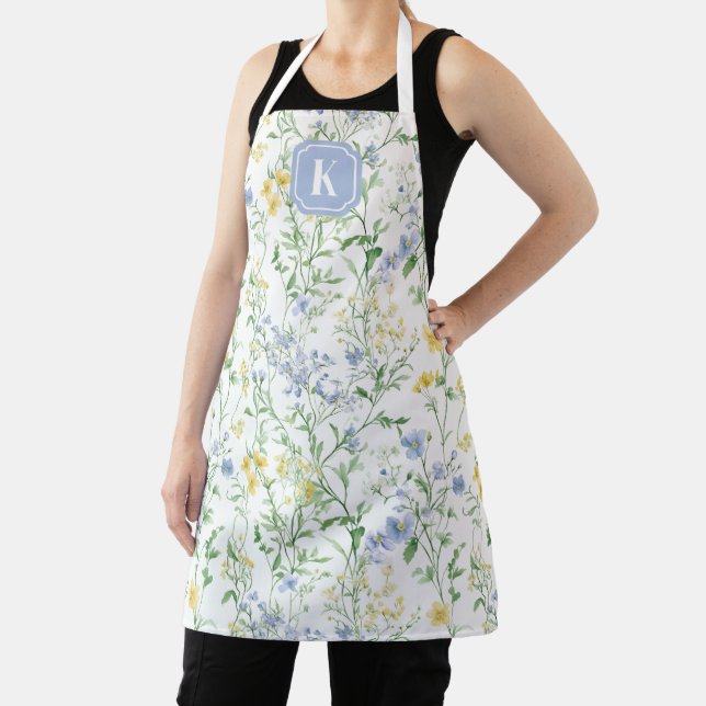 Blue Watercolor Wildflower Custom Initial Apron (Insitu)