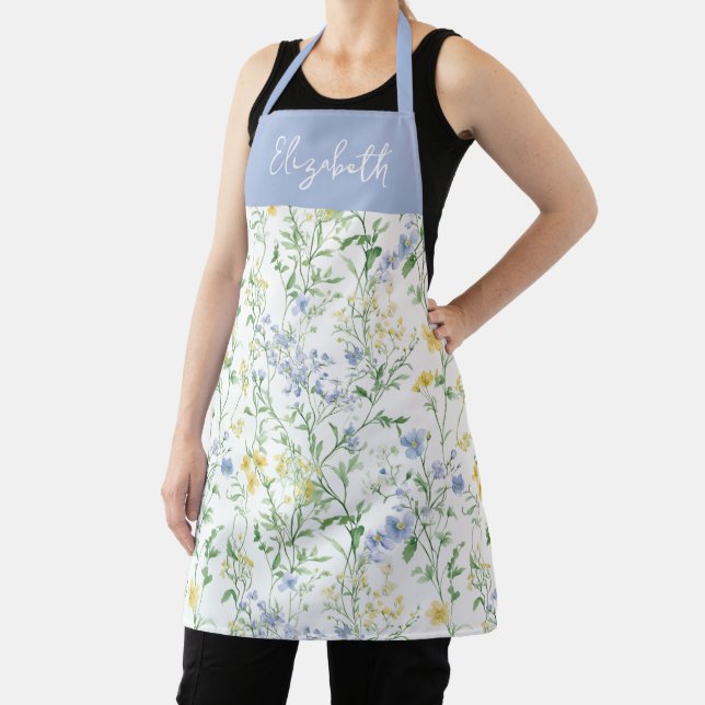 Blue Watercolor Wildflower Custom Name Apron (Insitu)