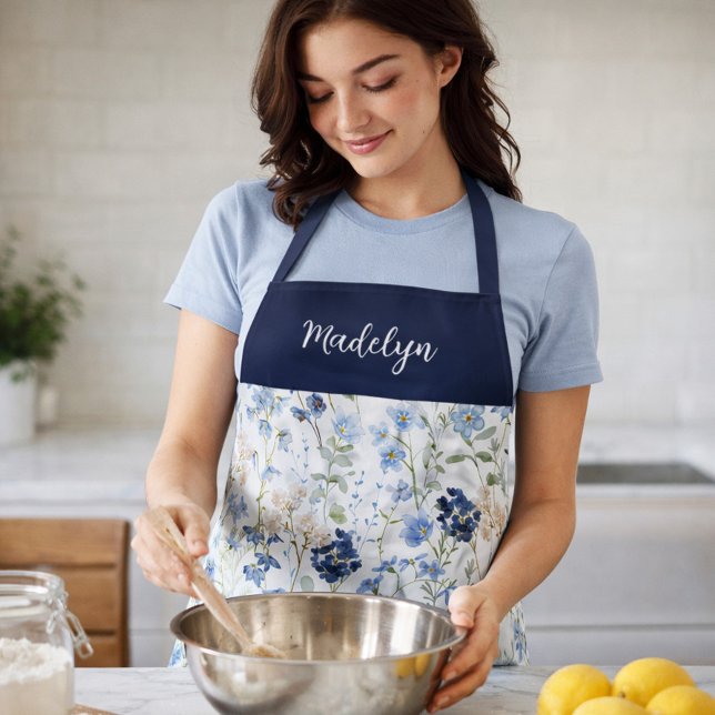 Blue Watercolor Wildflower Custom Name Apron (Creator Uploaded)