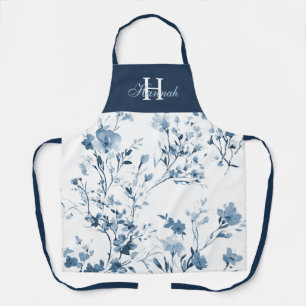 Blue Watercolor Wildflower Elegant Name Monogram Apron