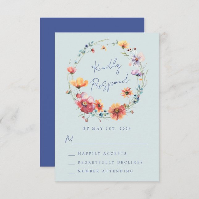 Blue Watercolor Wildflower Floral Wreath Wedding RSVP Card (Front/Back)