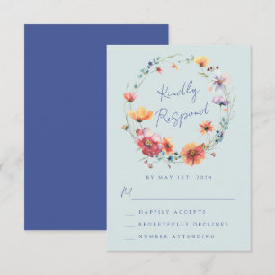 Blue Watercolor Wildflower Floral Wreath Wedding RSVP Card