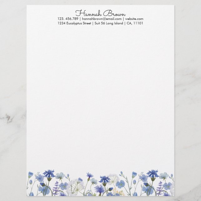 Blue Watercolor Wildflower Garden  Custom Letterhead (Front)