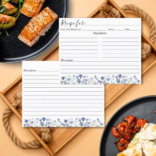 Blue Watercolor Wildflower Garden Recipe Card