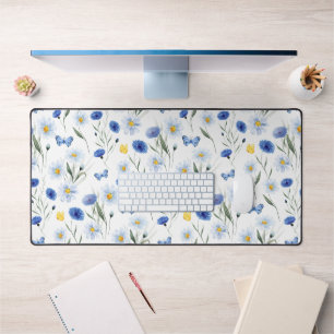 Blue Watercolor Wildflower Meadow Butterfly Desk Mat