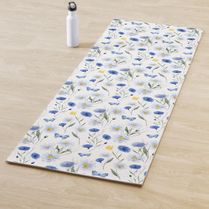Blue Watercolor Wildflower Meadow Butterfly Yoga Mat
