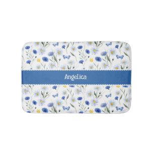 Blue Watercolor Wildflower Meadow Name Bath Mat
