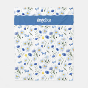 Blue Watercolor Wildflower Meadow Name Fleece Blanket