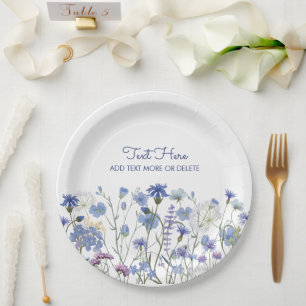 Blue Watercolor Wildflower Meadow Paper Plate