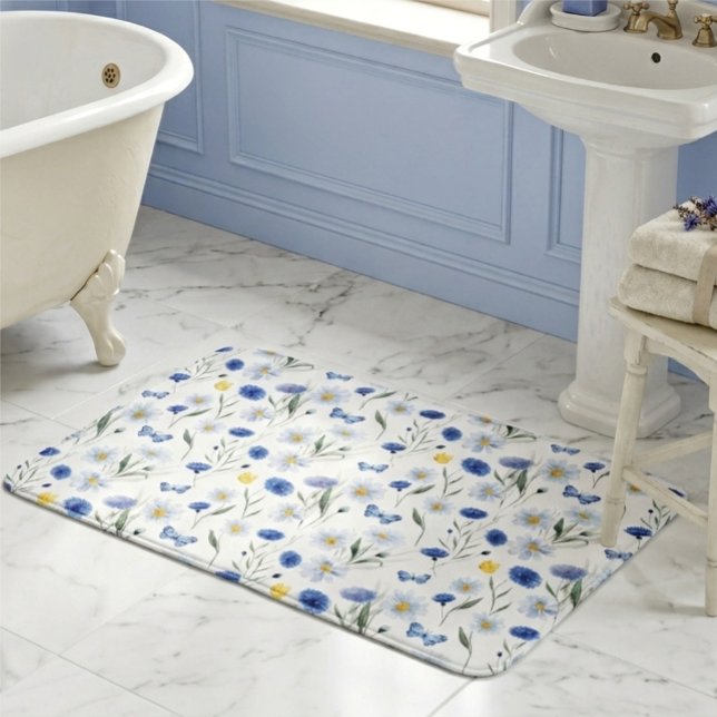 Blue Watercolor Wildflower Meadow Pattern Bath Mat (Creator Uploaded)