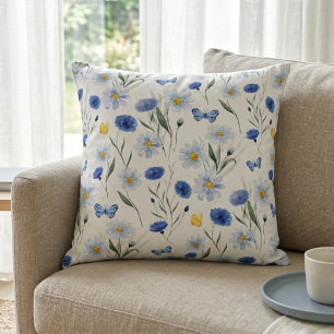 Blue Watercolor Wildflower Meadow Pattern Cushion