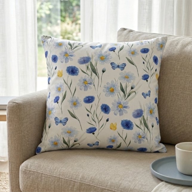 Blue Watercolor Wildflower Meadow Pattern Cushion (Creator Uploaded)