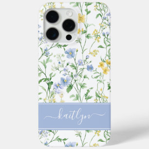Blue Watercolor Wildflower Monogram iPhone 15 Pro Max Case
