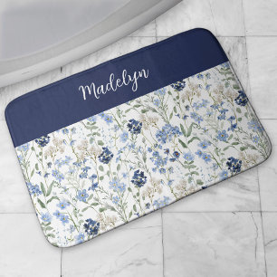 Blue Watercolor Wildflower Monogram Name Bath Mat