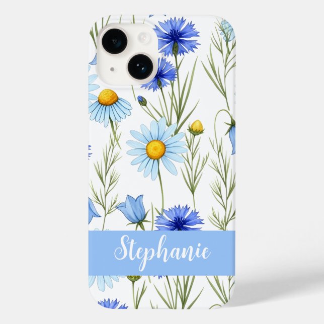 Blue Watercolor Wildflower Monogram Name Case-Mate iPhone Case (Back)