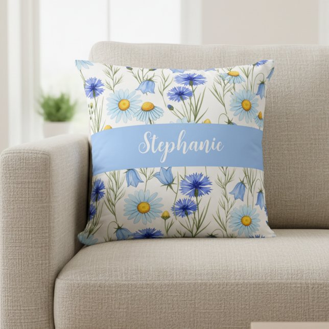 Blue Watercolor Wildflower Monogram Name Cushion (Creator Uploaded)
