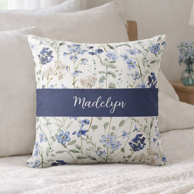 Blue Watercolor Wildflower Monogram Name Cushion (Creator Uploaded)
