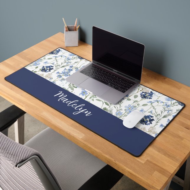 Blue Watercolor Wildflower Monogram Name Desk Mat (Office 2)