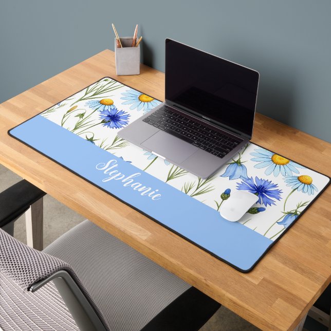 Blue Watercolor Wildflower Monogram Name Desk Mat (Creator Uploaded)