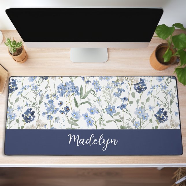 Blue Watercolor Wildflower Monogram Name Desk Mat (Creator Uploaded)