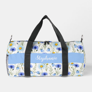 Blue Watercolor Wildflower Monogram Name Duffle Bag