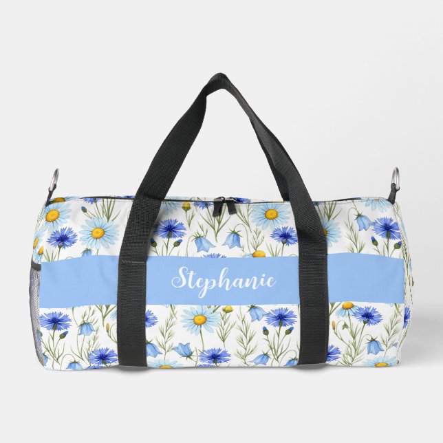 Blue Watercolor Wildflower Monogram Name Duffle Bag (Back)