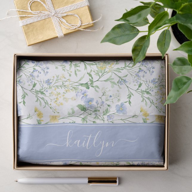 Blue Watercolor Wildflower Monogram Tissue Paper (Gift)